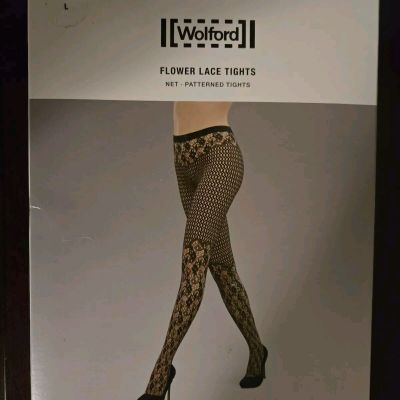 Wolford Flower Tights, Black, Black Appliqué Lace, Large, NIB